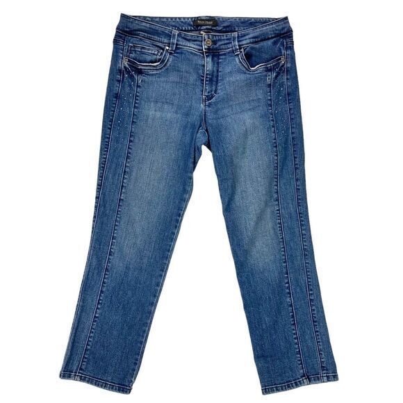 White House Black Market Jeans 10 Blue Blanc Rhinestone Beads Slim Crop Denim - Picture 1 of 13